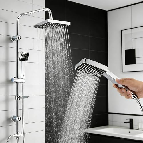 TVTIUO Shower Riser Rail Kit with 8-inch Square Rain Showerhead and Handheld Showerhead, 1.6m Flexible Hose, Bathroom Shower Set Includes Soap Dish, Chrome