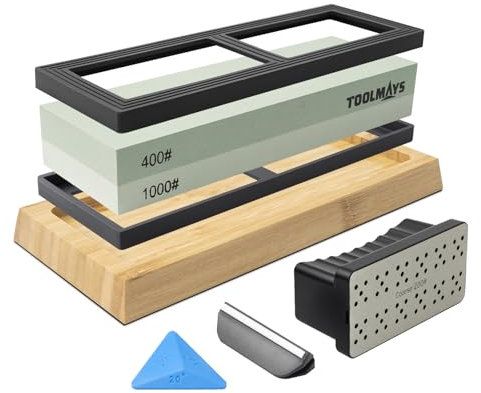 TOOLMAYS Schleifstein Set Körnung 400/1000 Abziehstein, Japanischer Messerschärfer Stein mit Rutschfeste Bambusbasis, Winkelführung und doppelseitiger Korrekturstein, Wetzstein