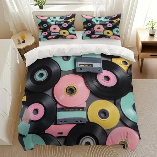 Cisdanoty Colorful Vinyl Records and Cassettes Bedding Comforter Sets Bedding Set 3 Pieces (1 Duvet Cover 2 Pillowcases) with Zipper Closure Lightweight