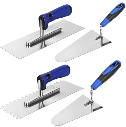 Lasnten 4 Pcs Concrete Trowel Masonry Tool Set High Carbon Steel Plastering Bricklaying Tools Includes Flat and Notched Trowels, 6'' and 9'' Brick Trowels with Soft Grip Handle for Drywall Tile