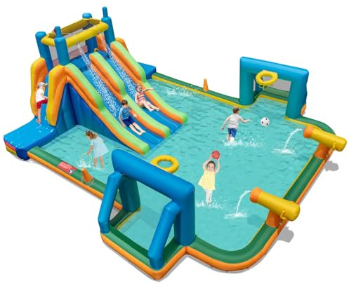 COSTWAY Inflatable Water Park, Kids Bouncy Castle Jumper House with Slide, Climbing Wall, Water Cannons, Basketball Hoop, Ring Toss, Outdoor Blow Up Bounce House for 3+ Years Old (Soccer Themed)