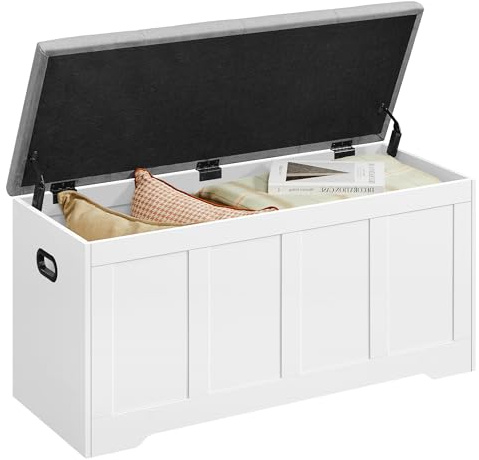 VASAGLE Coffre de Rangement avec Couvercle, 2 Charnières de Sécurité, Banc à Chaussures, Style Champêtre, pour Couloir, Chambre, Salon, 41 x 101 x 49 cm, Blanc Nuage et Gris Tourterelle LSB068W101
