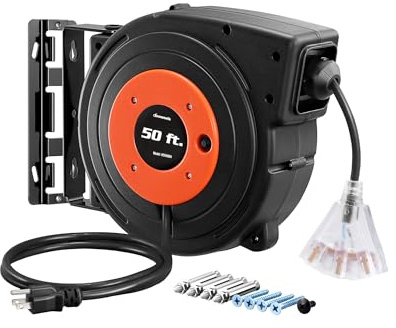 DEWENWILS Retractable Extension Cord Reel, 50 FT Heavy Duty Power Cord, 14AWG/3C SJTOW, 3 Grounded Outlets Lighted Triple Tap, 13 Amp Circuit Breaker, UL Listed