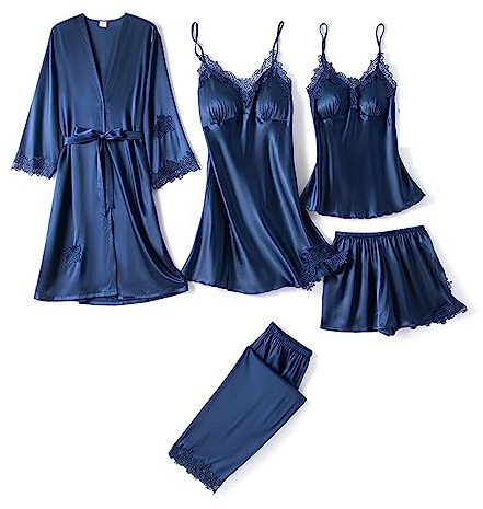 Cicilin 5pcs Ensemble Pyjama Femme Chic Peignoir Soie Sexy Short Satin et Camisole Dentelle Robe Nuisette Pantalon Ensemble De Nuit Kimono Robes de Cardigan à Manches Longues Vêtements de Nuit