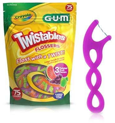 GUM Crayola Twistables Kids Flossers with Fluoride - Designed for Little Hands - Three Fun Fruit Flavors - Easy to Use Kids Floss Picks for Children Ages 3+, 75 Count