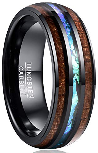 Vakki Mens Blue Center Tungsten Ring with Koa Wood Inlay 8mm Black Dome Wedding Bands Size 10