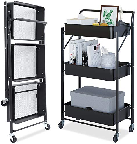 Dripex Foldable Storage Trolley Cart, 3-Tier Metal Rolling Organizer Cart with Casters, Mobile Utility Service Cart for Kitchen Bathroom Office Laundry (Black)