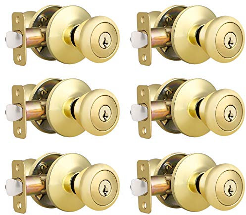 Brotima Pomo de puerta de entrada con llave, pomos de estilo tulipán exterior/interior con cerradura y misma llave, cerradura reversible de latón pulido para dormitorio, baño, puerta delantera,
