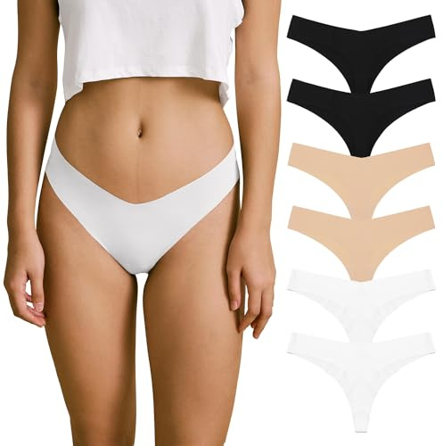 SHARICCA Sömlös sträng för kvinnor, osynliga tangas, underkläder, kvinnor, med låg midja, V-midja, andas, ingen show stringkalsonger, set, (6-pack) 2 svart 2 vit 2 beige, XS