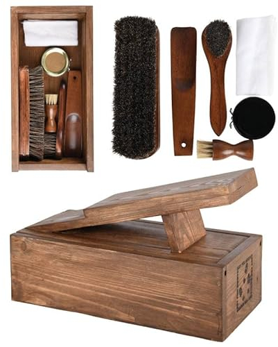 L'Héritier Du Temps Kit d'entretien Chaussures Coffret à Cirage Pinceau Brosse Chausse-Pied et Chiffon en Bois 14x17x29cm