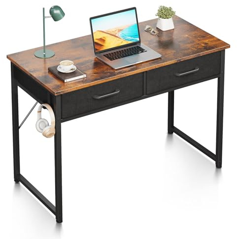 ODK Schreibtisch mit 2 Schubladen, 100x40x78.7cm Klein Schreibtisch mit Kopfhörer Halter, Bürotisch PC Tisch Officetisch für Büro, Wohnzimmer, Home Office, Braun
