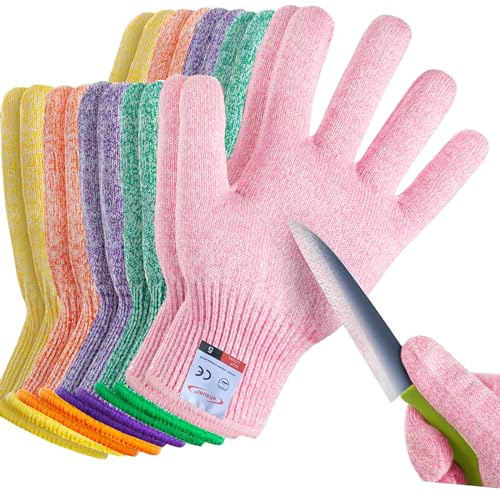 Ohsuni Guanti resistenti al taglio - 5 paia per uso alimentare per cucina, ostriche, lavorazione del filetto di pesce, intaglio e giardinaggio (Large-Macaron)