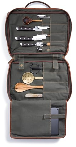 Angus Stoke Heston Valise à couteaux XXL de qualité supérieure - Sac à couteaux en cuir de buffle extra large avec beaucoup d'espace de rangement et compartiment pour ordinateur portable - Sac de