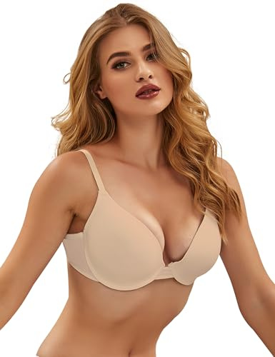 ohmydear 34B-40E Beige Comfort Bras for Women UK Padded Plus Size Smooth Ladies Bras Underwired T Shirt Lingerie Sexy Deep V Plunge Soft Cup Bralette