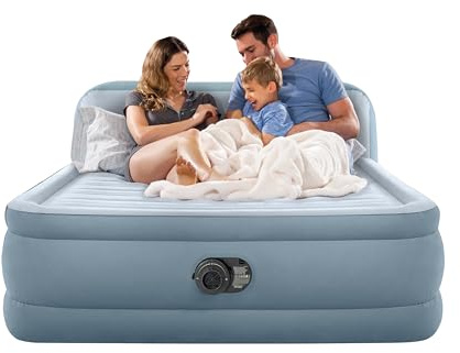 Intex 64449ED Dura-Beam Deluxe Plush Air Mattress with Headboard: Fiber-Tech - Queen Size - Built-in Electric Pump - 18in Bed Height - 600lb Weight Capacity