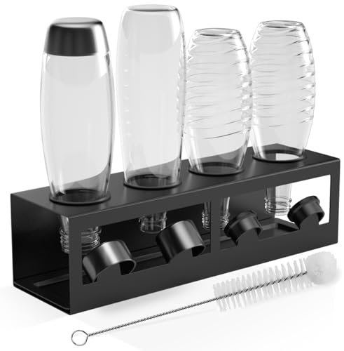 HOMMAND Porte-Bouteilles pour SodaStream Crystal Emil, Support et Égouttoir pour 4 Bouteilles, Avec Anneaux de Protection en Silicone, Porte-Couvercle, Noir
