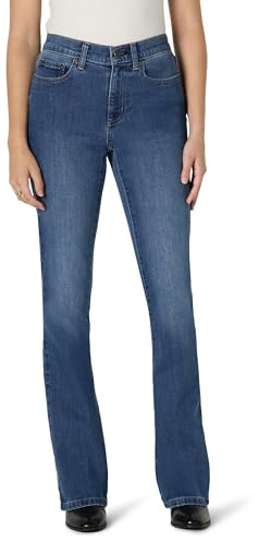 Amazon Essentials Jean Bootcut Très Extensible, Coupe Ajustée et Taille Mi-Haute Femme, Classique Moyen Délavé, 44
