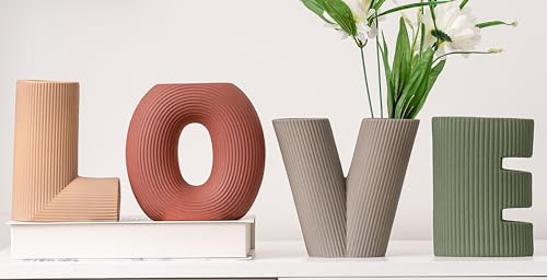 VASETOPIA Set di 4 Vaso in Ceramica, Creativi Decoratif Fiori Vaso, Nordic Minimalista Forma di Lettere Vasi per Soggiorno, Centrotavola (Verde/Marrone/Borgogna/Cachi)