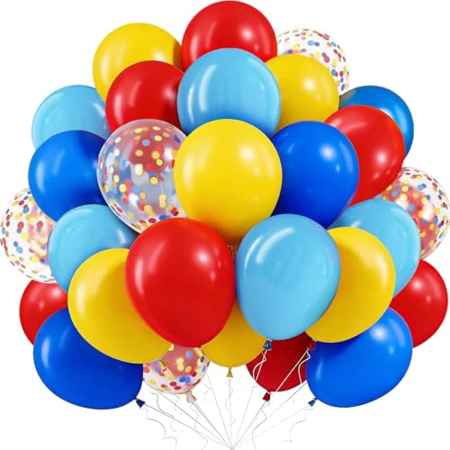 Luftballons Bunt, 60 Stück Blau Rot Gelb Latex Luftballon mit Konfetti Regenbogen Ballons, 12 Zoll Zirkus Deko Luftballons für Karneval Hochzeit Babyparty Geburtstag Jahrestag Party Dekoration