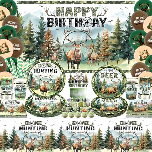 Partyzubehör für 20 Gäste, einschließlich Happy Birthday-Hintergrund, Teller, Servietten, Kuchendekoration, Luftballons, Tischdecke, Strohhalme, für Camping, Jagd, Geburtstagsparty-Dekorationen