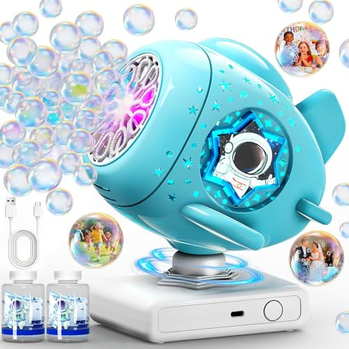 Sitodier Máquina de burbujas de rotación automática con luz y música, batería recargable y carga tipo C, máquina de burbujas en forma de espacio para niños, bodas, fiestas de cumpleaños y actividades