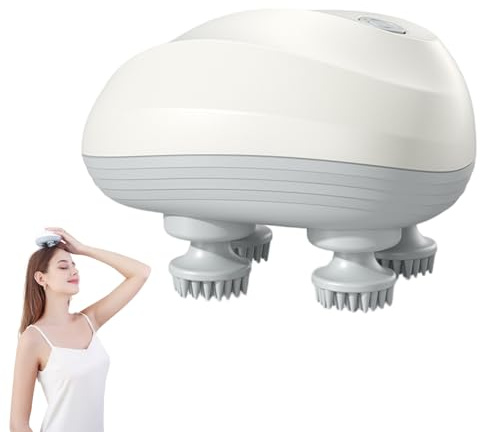 GOEDCH Massaggiatore per cuoio capelluto: massaggiatore elettrico bianco con 3 modalità di impastamento e 4 testine massaggianti, massaggiatore per testa impermeabile, massaggiatore per cuoio