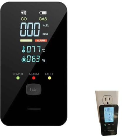 Rilevatore di Monossido di Carbonio 4-in-1, Rilevatore Gas Naturale da Spina con Doppio Allarme, Sensore CO e Perdite Gas, Display LCD HD per Casa Camper Hotel Appartamento (nero)