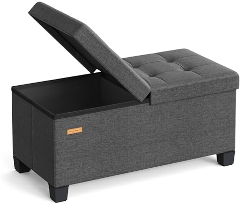 SONGMICS Banc Pouf de Rangement avec Pieds, Coffre de Rangement Pliable avec Couvercle Rabattable, Banc de Bout de Lit, pour Salon, Chambre, Entrée, Tissu Façon Lin, 76 cm, Gris Ardoise LSF049GN01