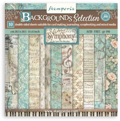 Stamperia - Scrapbook Paper Pad for Scrapbooks, Albums, Cards, Bullet Journals and More, Acid Free, Double-Sided, Perfect for Crafts and Gifting (Symphony Background Selection) (20.3 x 20.3cm)