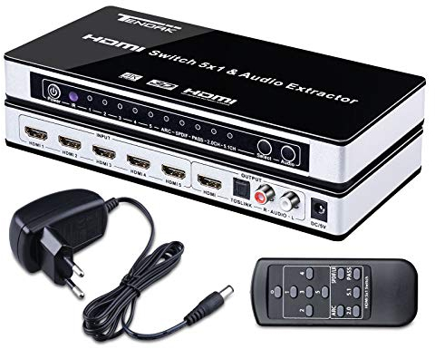 Tendak – Switch HDMI 5 en 1 – avec transformateur HDMI 4 K – 5 entrées, SPDIF, extracteur Audio G/D et télécommande – Prend en Charge l'arc HDMI 1.4