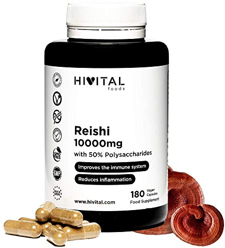 Reishi puro 10000 mg. 180 cápsulas veganas para 6 meses de tratamiento. Con 50% Polisacáridos, 10% Betaglucanos y 2% Triterpenos. Extracto 20:1 de Reishi japonés (Ganoderma Lucidum). De HIVITAL