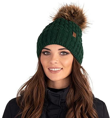 Vivisence Gorro Invernal para Mujeres De Punto Elegante con Corte Clásico Hecho De Hilo Cálido con Pompón Y Forro Interior Ideal para Los Días Fríos De Invierno, Verde,Talla Única
