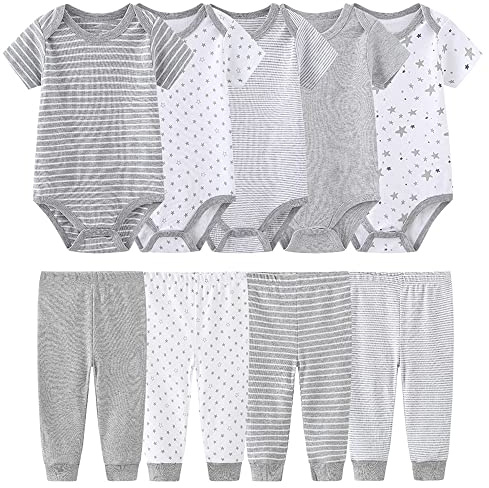 Chamie Baby bodysuit bomull kortärmad västar för nyfödda 5-pack endelad kostym för pojke och flicka 0-12 månader., Grå, 0-3 månader