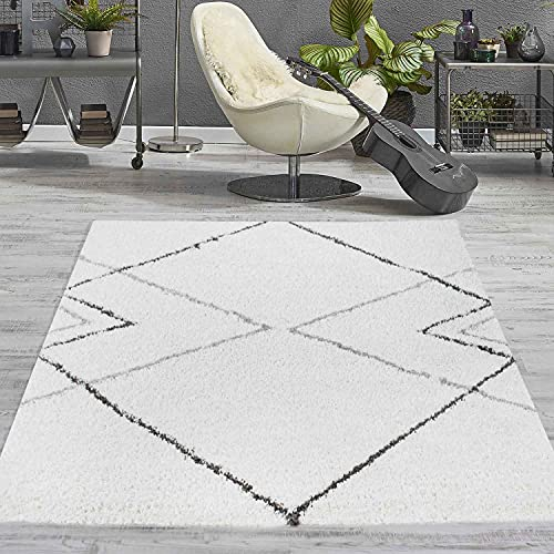 VIMODA Hochflor Shaggy Teppich Rauten Muster Design Wohnzimmer Creme Grau Anthrazit, Maße:140x200 cm