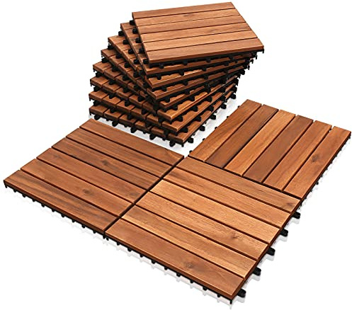 EINFEBEN Lot de 33 carreaux en bois d'acacia, 30 x 30 cm, dalles composées de 6 lattes chacune, conviennent à 3 m², pour terrasses et balcons