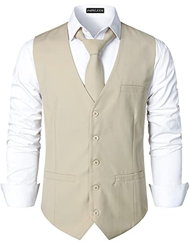 PARKLEES Chaleco para hombre de diseño urbano hipster, ajuste slim, para negocios, formal, esmoquin, traje de vestir, beige, M