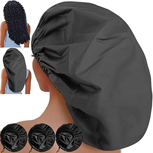 Sheomern 3 Pcs 15 XL Duschhaube Damen, Extra-Groß Doppelte Wasserdichte Duschhauben Verstellbare Wiederverwendbare Haube Satin Seide Haarhaube Bonnet für Frauen Dreadlocks Lange Haare