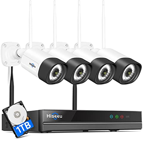 Hiseeu 5MP Wireless Security Camera System, 【50M Long Range】Wireless Pro NVR Kit, 4x 5MP Outdoor WiFi Camera, 10CH NVR CCTV Camera Systems, Color Night Vision, Motion Detect, Phone/PC View, 1TB HDD