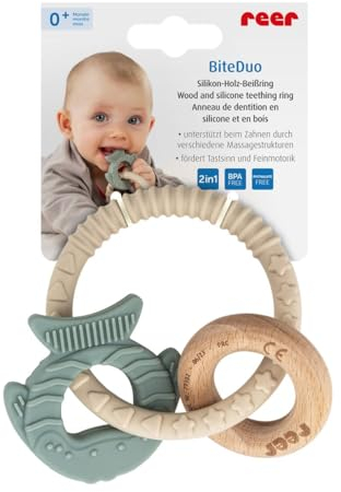 reer BiteDuo | Silikon-Holz-Beißring für Babys | Baby Zahnungshilfe | Mtorikspielzeug