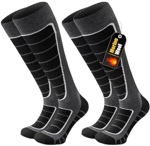 Stoeury 2 Paar Merinowolle Skisocken Herren Damen, Gepolsterte Skisocken, Bequeme Snowboard Socken, Warme Skistrümpfe, Thermosocken Wintersocken für Skifahren, Langlauf, Snowboarden, Grau, M