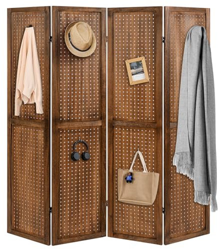 COSTWAY 4 Panel Folding Room Divider with Pegboard Display, Wooden Wall Privacy Screen Protector, Home Living Room Bedroom Hinged Paravent Partition Separator (Brown, 160 x 170cm)