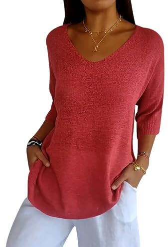 Jersey Punto Mujer Cuello V Jerséis Mujer Pullover Sweater Women Sueter Punto Mujer Primavera Jerseys Mujeres Jersey de Cuello Pico Fino Oversize Punto Ancho Señora Suéter Tejido para Mujer Rojo 3XL