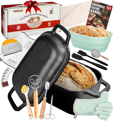 Dutch Oven for Bread Baking-3.4L Oval Cast Iron Pot Bread Pan with Lid-Sourdough Bread Baking Supplies Starter Kit