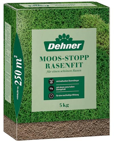 Dehner Moos-Stopp Rasenfit, hochwertiger Rasendünger mit hohem Eisengehalt/Moosentferner, stärkt die Wurzeln, ideal für einen sattgrünen, widerstandsfähigen Rasen, 5 kg für ca. 250 m²