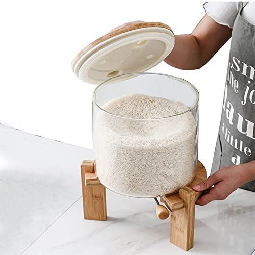 Dispensador de arroz con soporte de madera, dispensador de alimentos secos de 5/7,5 L con tapa sellada, para mantener el arroz y los granos secos en la cocina
