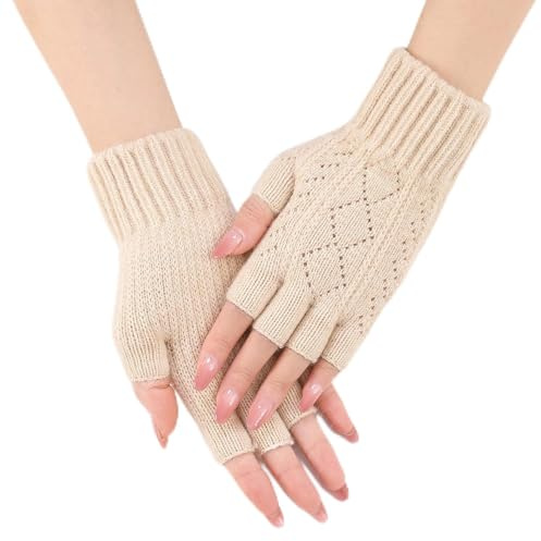 haetair Fingerless Gloves For Womens - Winter Thermal Gloves Warm Soft Knit Half Fingers Mittens for Driving Working Typing (Beige, One Size)