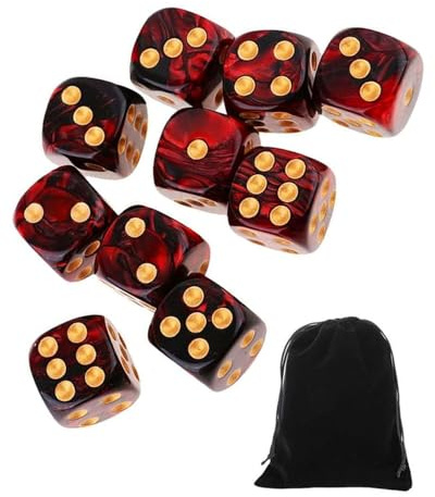 CULEB 10 PCS Dados,16mm D6 Dados de Rol,Juego de Dado con Bolsa de Terciopelo para juegos de Rol,Mesa,Dice Football,Lecciones de Matemáticas(Negro-Rojo)