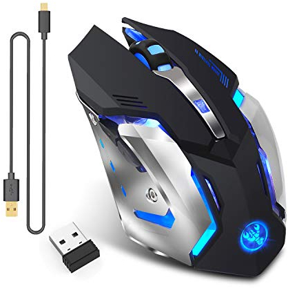 Zienstar-Recargable Ratón para Gamer Inalámbrico 2.4Ghz con Receptor USB,7 Colores Retroiluminado-Negro Plateado
