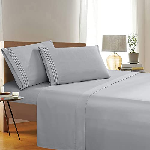1500 Thread Count Wrinkle & Fade Resistant Egyptian Quality 4-Piece Bed Sheet Set Ultra Soft Luxurious Set includes Flat Sheet, Fitted Sheet and 2 Pillowcases, King Size, Classic Silver