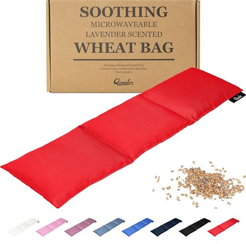 Qomfor - Sac de grains à chaleur sèche pour micro-ondes - Rouge - Coussin chauffant/oreiller chauffant pour micro-ondes au parfum de lavande - Poche chauffante à 3 compartiments